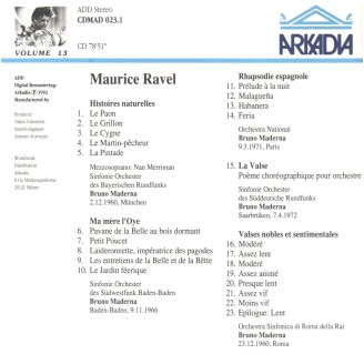 RAVEL - Bruno Maderna & Nan Merriman - Histoires naturelles, cinq mélodies pour voix et piano